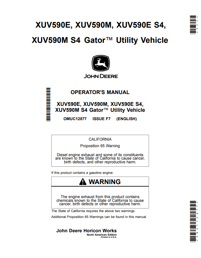 JOHN DEERE XUV590E, XUV590M, XUV590E S4, XUV590M S4 GATOR™ UTILITY VEHICLE OPERATOR MANUAL OMUC12877