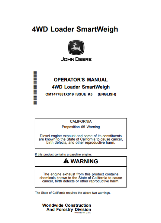 JOHN DEERE 4WD LOADER SMARTWEIGH OPERATOR MANUAL OMT477881X019