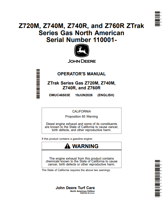 JOHN DEERE Z720M, Z740M, Z740R, AND Z760R ZTRAK SERIES GAS OPERATOR MANUAL OMUC46503E