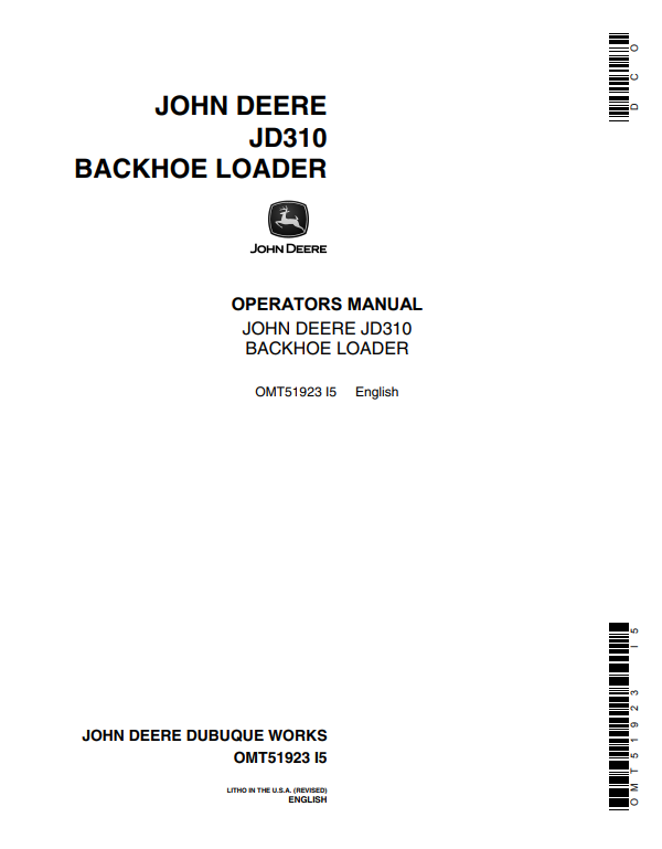 JOHN DEERE JD310 BACKHOE LOADER OPERATOR MANUAL OMT51923