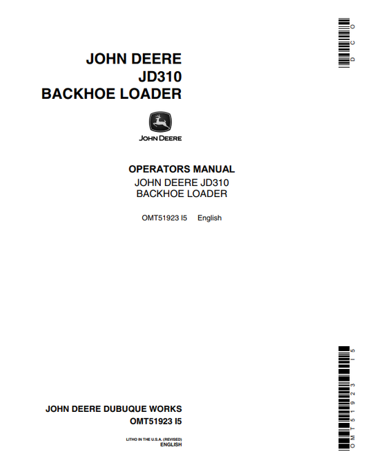 JOHN DEERE JD310 BACKHOE LOADER OPERATOR MANUAL OMT51923