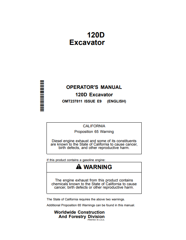 JOHN DEERE 120D EXCAVATOR OPERATOR MANUAL OMT237811