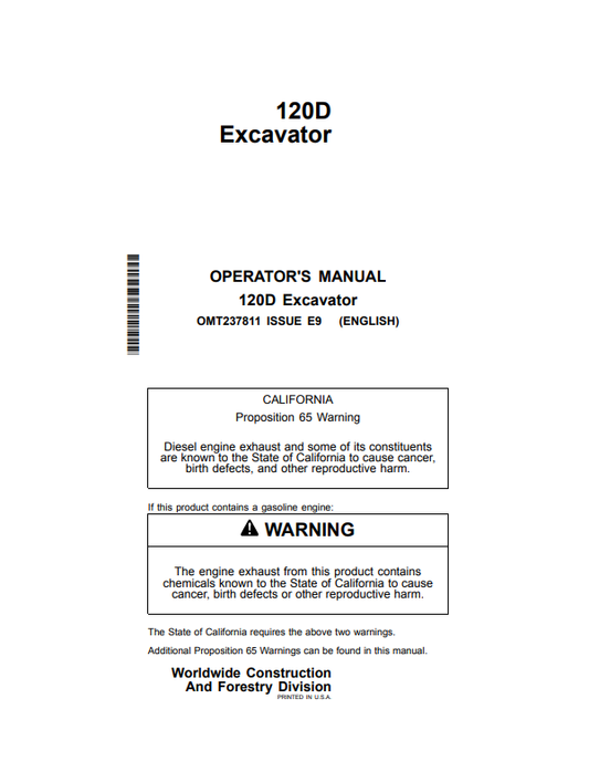 JOHN DEERE 120D EXCAVATOR OPERATOR MANUAL OMT237811