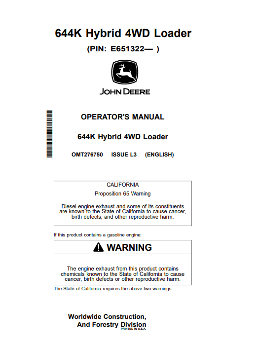 JOHN DEERE 644K HYBRID 4WD LOADER OPERATOR MANUAL OMT276750