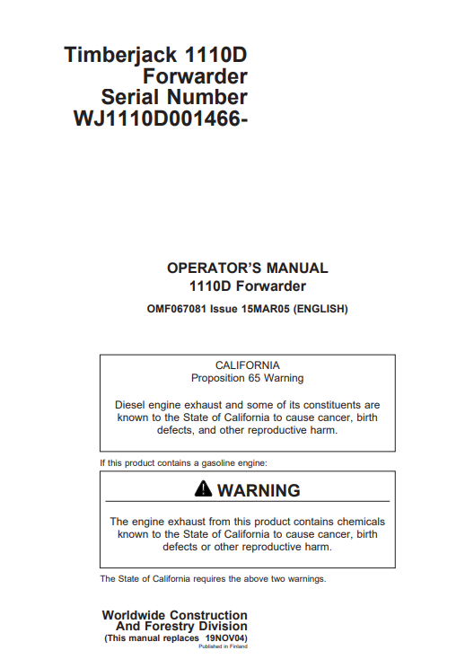 JOHN DEERE TIMBERJACK 1110D FORWARDER OPERATOR MANUAL OMF067081