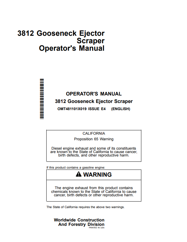 JOHN DEERE 3812 GOOSENECK EJECTOR SCRAPER OPERATOR MANUAL OMT481101X019