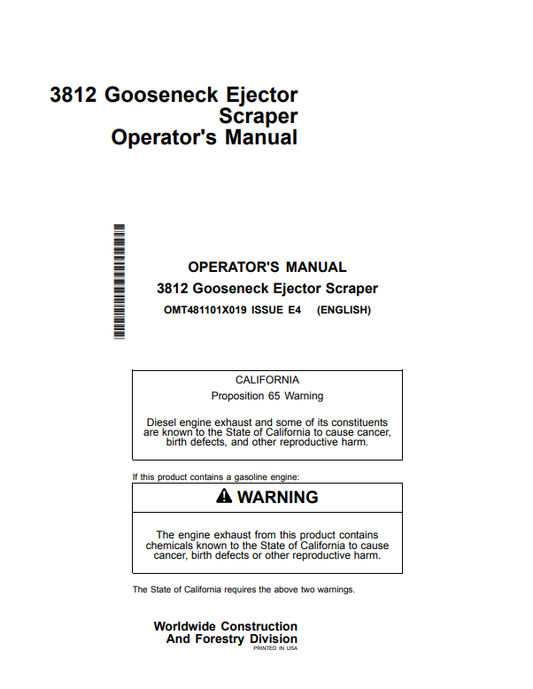 JOHN DEERE 3812 GOOSENECK EJECTOR SCRAPER OPERATOR MANUAL OMT481101X019
