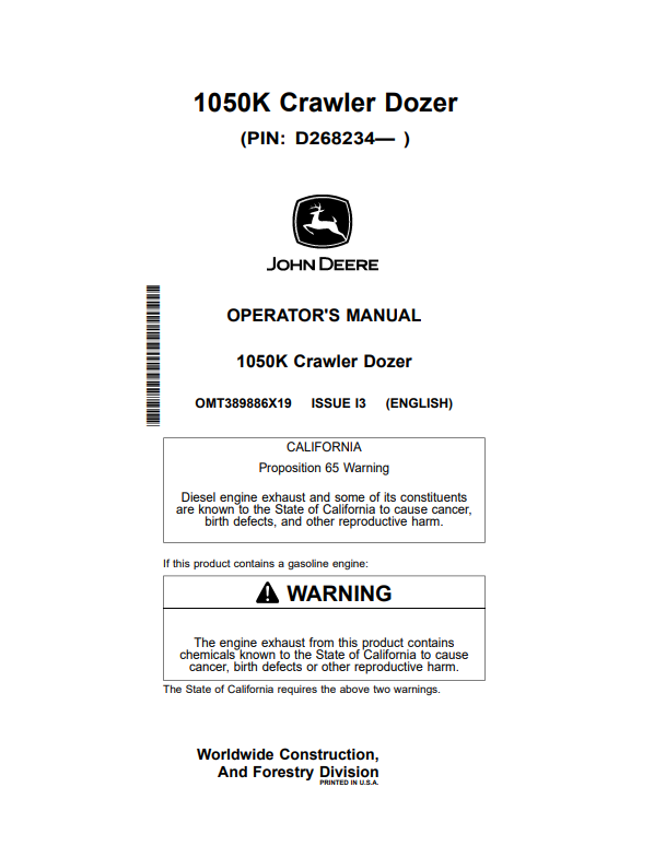 JOHN DEERE 1050K CRAWLER DOZER OPERATOR MANUAL OMT389886X19