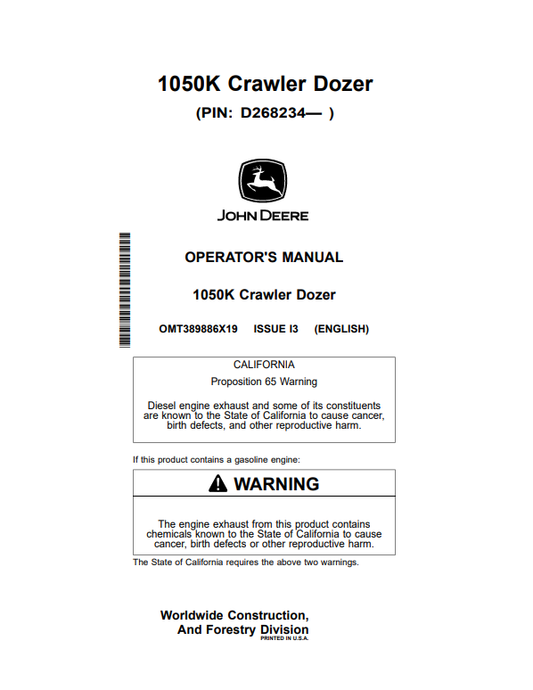 JOHN DEERE 1050K CRAWLER DOZER OPERATOR MANUAL OMT389886X19