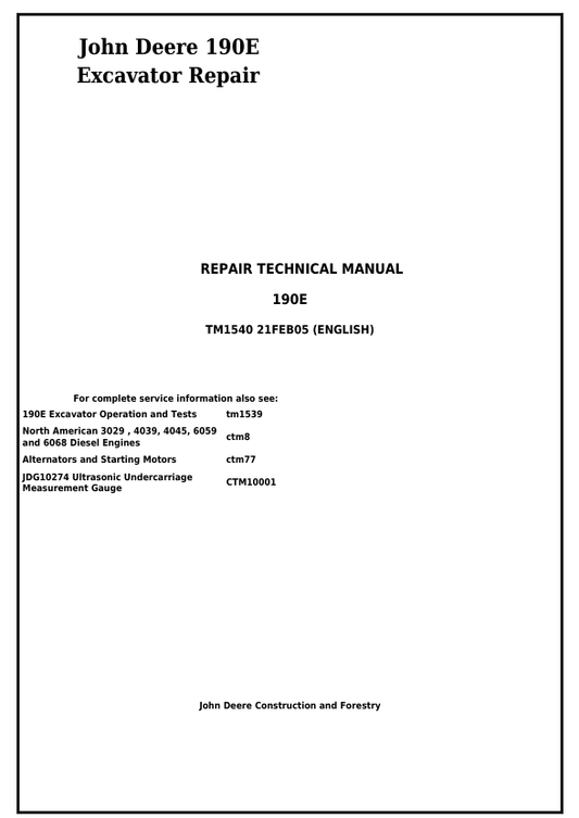 JOHN DEERE 190E EXCAVATOR REPAIR TECHNICAL MANUAL TM1540