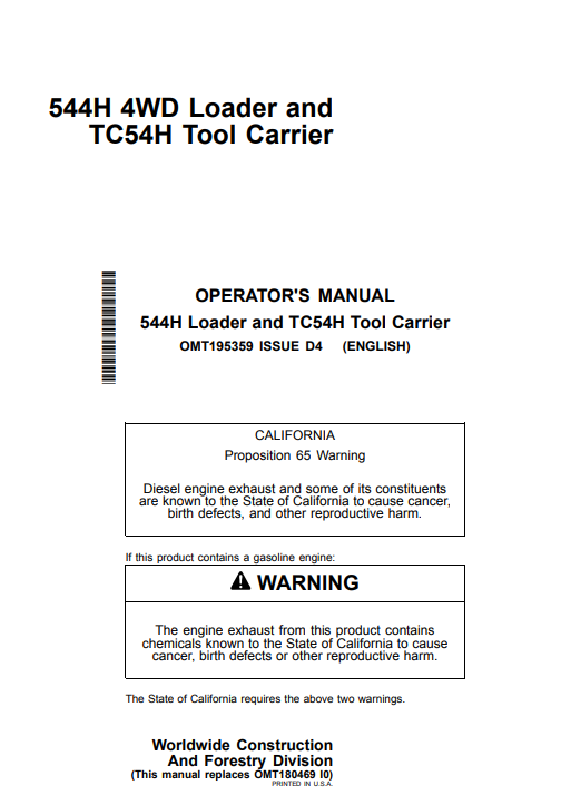 JOHN DEERE 544H 4WD LOADER AND TC54H TOOL CARRIER OPERATOR MANUAL OMT195359