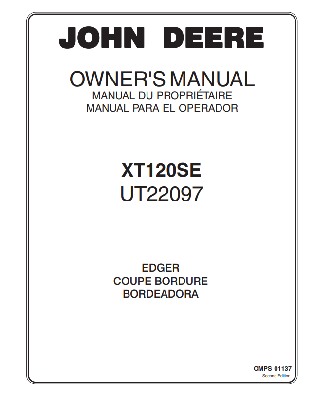JOHN DEERE XT120SE UT22097 EDGER OWNER MANUAL OMPS01137