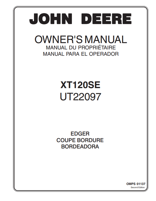JOHN DEERE XT120SE UT22097 EDGER OWNER MANUAL OMPS01137