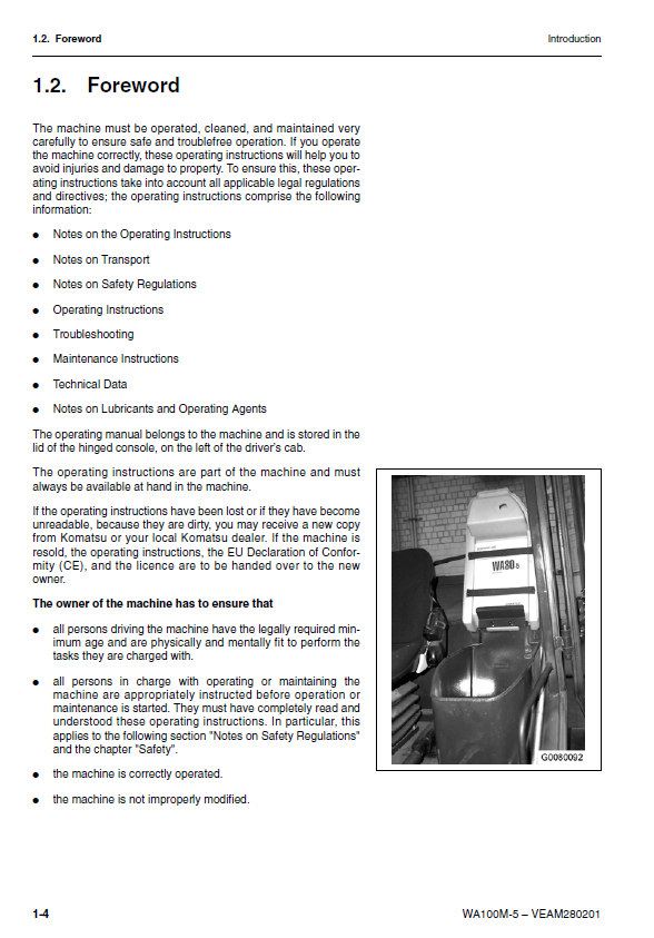 Official Komatsu WA100M-5 Wheel Loader Operator & Service Manual PDF