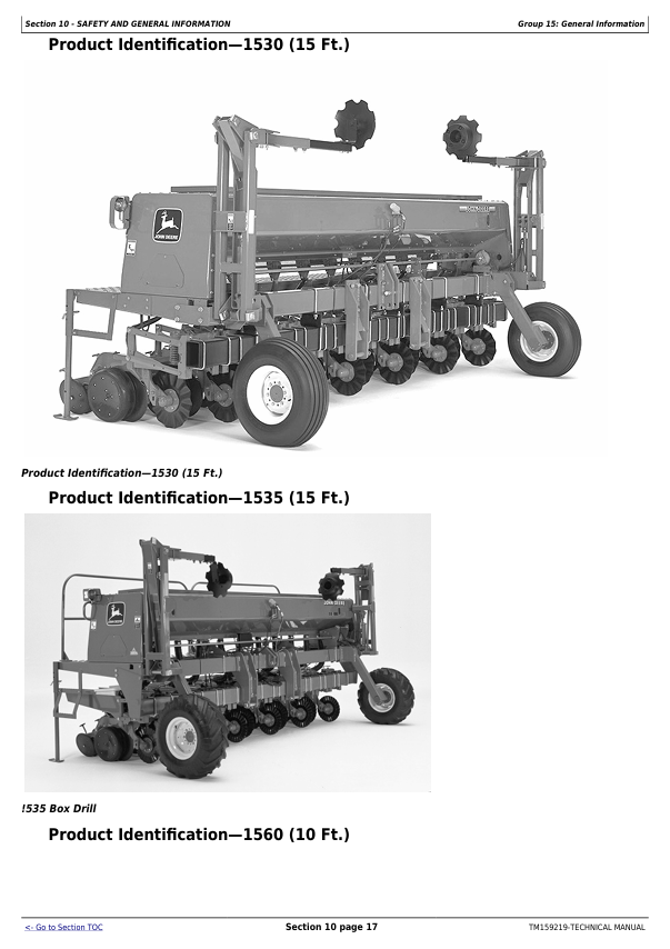 JOHN DEERE 450, 455, 750, 1520, 1530, 1535, 1560, 1590, 9400 GRAIN DRILL DIAGNOSTIC AND REPAIR TECHNICAL MANUAL TM159219