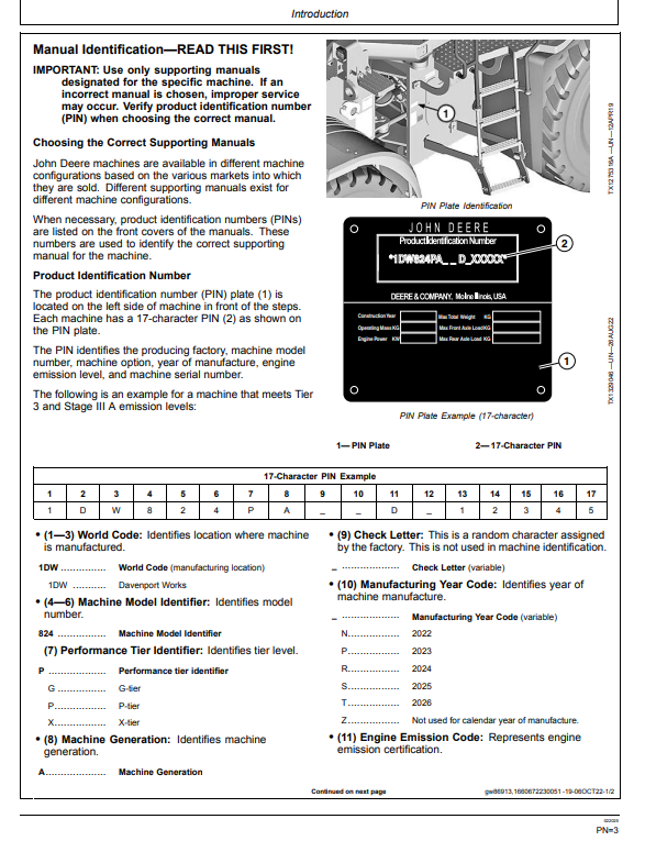 JOHN DEERE 824 P-TIER, GEN-A 4WD LOADER OPERATOR MANUAL OMT461924X019