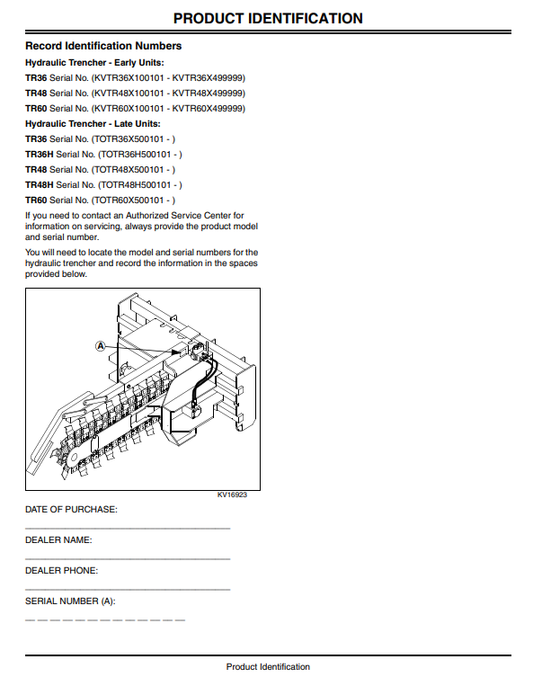 JOHN DEERE HYDRAULIC TRENCHER TR36, TR36H, TR48, TR48H, AND TR60 OPERATOR MANUAL OMKV16794