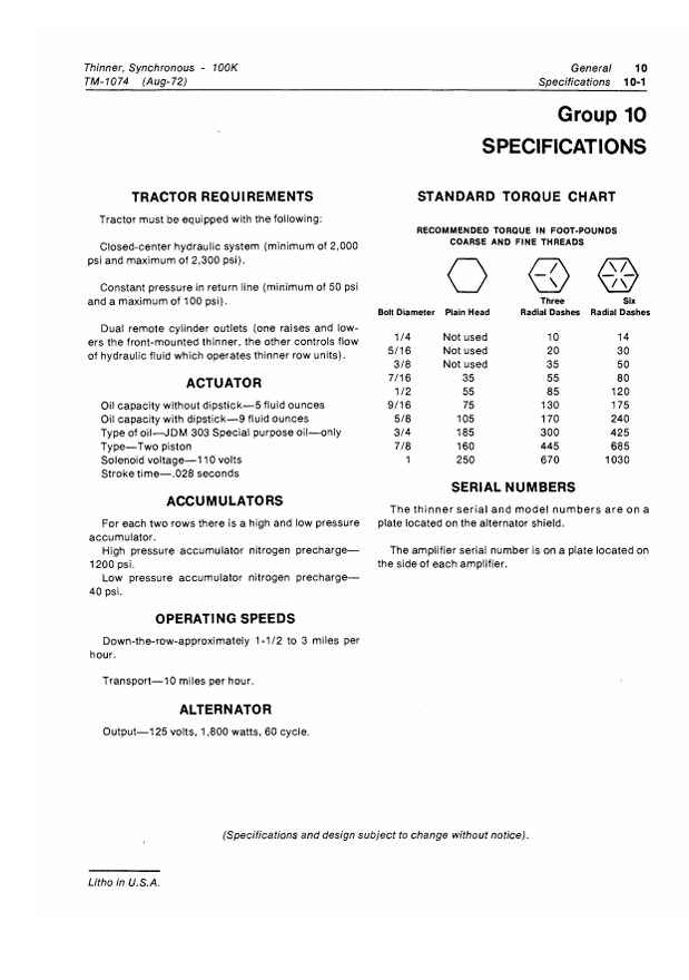 JOHN DEERE 100K SYNCHRONOUS THINNER TECHNICAL MANUAL TM1074