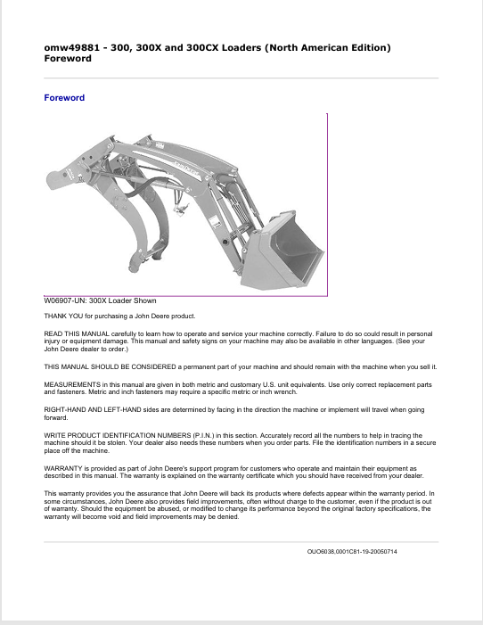 JOHN DEERE 300, 300X, 300CX LOADER OPERATOR MANUAL OMW49881