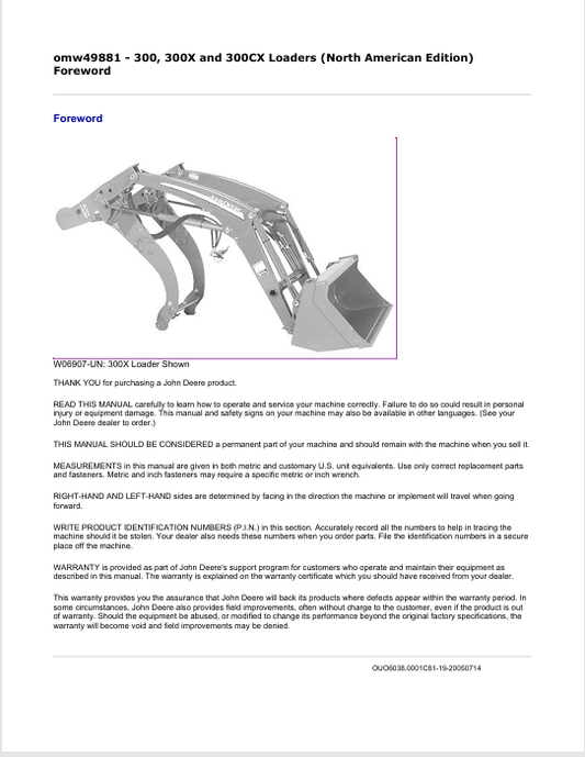 JOHN DEERE 300, 300X, 300CX LOADER OPERATOR MANUAL OMW49881
