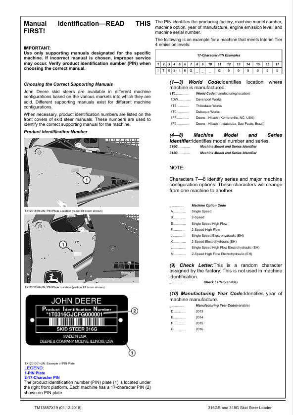 JOHN DEERE 316GR AND 318G SKID STEER LOADER OPERATION & TEST TECHNICAL MANUAL TM13857X19
