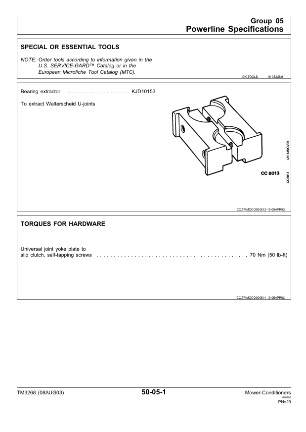 JOHN DEERE 1350, 1360, 1460 AND 1470 MOWER-CONDITIONER TECHNICAL MANUAL TM3268