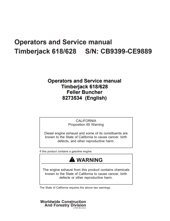JOHN DEERE TIMBERJACK 618, 628 OPERATOR MANUAL 8273534