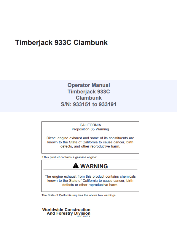 JOHN DEERE TIMBERJACK 933C CLAMBUNK OPERATOR MANUAL F279358