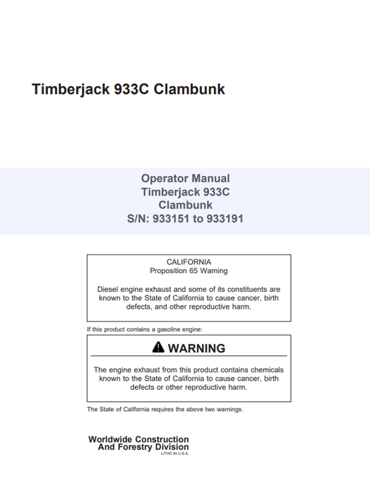 JOHN DEERE TIMBERJACK 933C CLAMBUNK OPERATOR MANUAL F279358