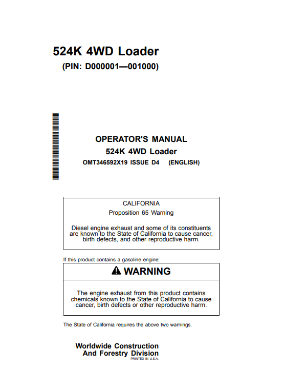 JOHN DEERE 524K 4WD LOADER OPERATOR MANUAL OMT346592X19