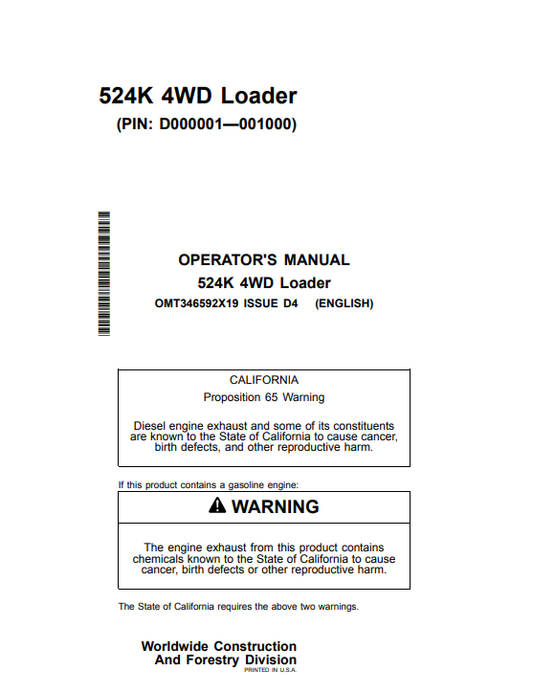 JOHN DEERE 524K 4WD LOADER OPERATOR MANUAL OMT346592X19