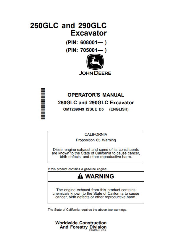 JOHN DEERE 250GLC AND 290GLC EXCAVATOR OPERATOR MANUAL OMT289049