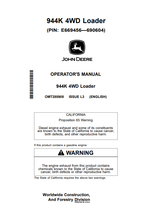 JOHN DEERE 944K 4WD LOADER OPERATOR MANUAL OMT285908