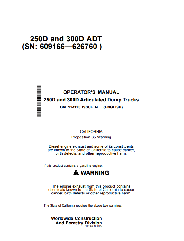 JOHN DEERE 250D AND 300D ARTICULATED DUMP TRUCK OPERATOR MANUAL OMT224115