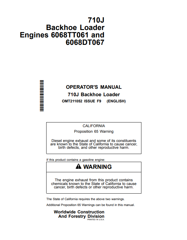 JOHN DEERE 710J BACKHOE LOADER OPERATOR MANUAL OMT211052
