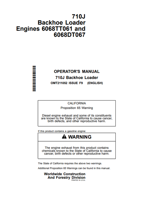 JOHN DEERE 710J BACKHOE LOADER OPERATOR MANUAL OMT211052