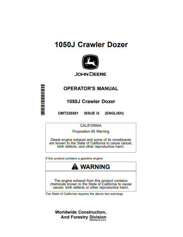 JOHN DEERE 1050J CRAWLER DOZER OPERATOR MANUAL OMT226581