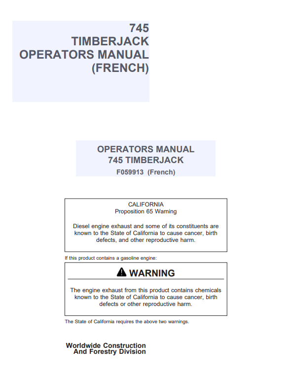 JOHN DEERE 745 TIMBERJACK OPERATOR MANUAL F059913