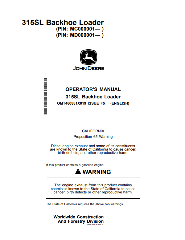 JOHN DEERE 315SL BACKHOE LOADER OPERATOR MANUAL OMT460881X019
