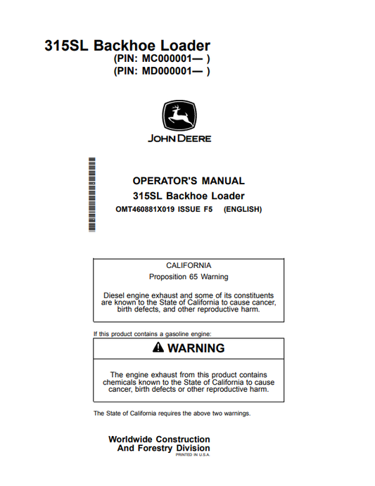 JOHN DEERE 315SL BACKHOE LOADER OPERATOR MANUAL OMT460881X019
