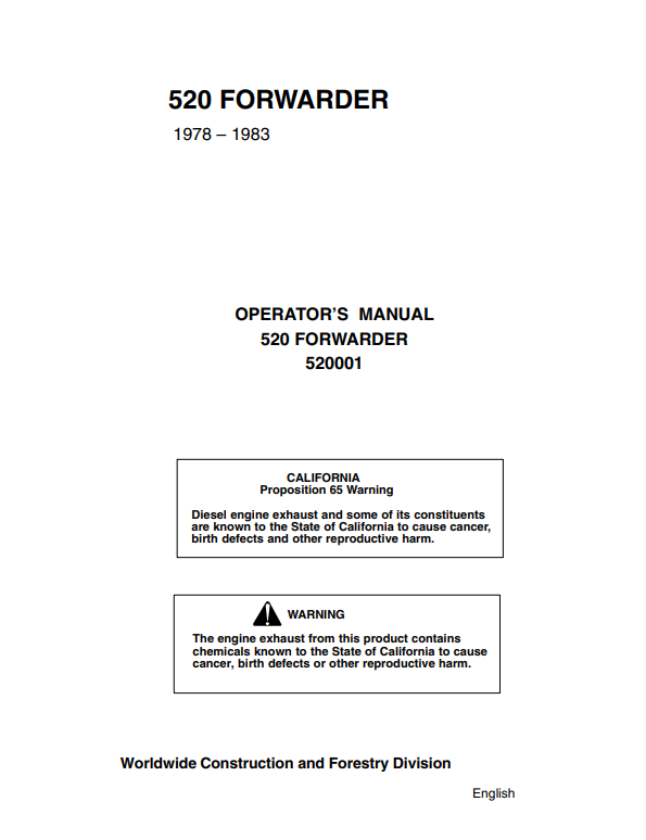 JOHN DEERE 520 FORWARDER OPERATOR MANUAL 520001