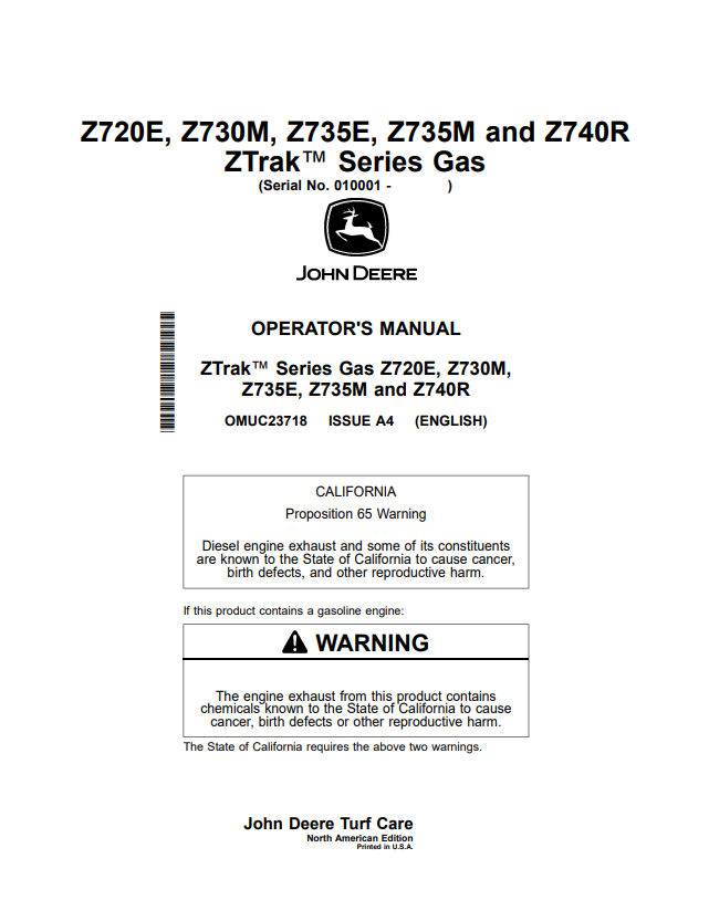 JOHN DEERE Z720E, Z730M, Z735E, Z735M AND Z740R ZTRAK™ SERIES GAS OPERATOR MANUAL OMUC23718
