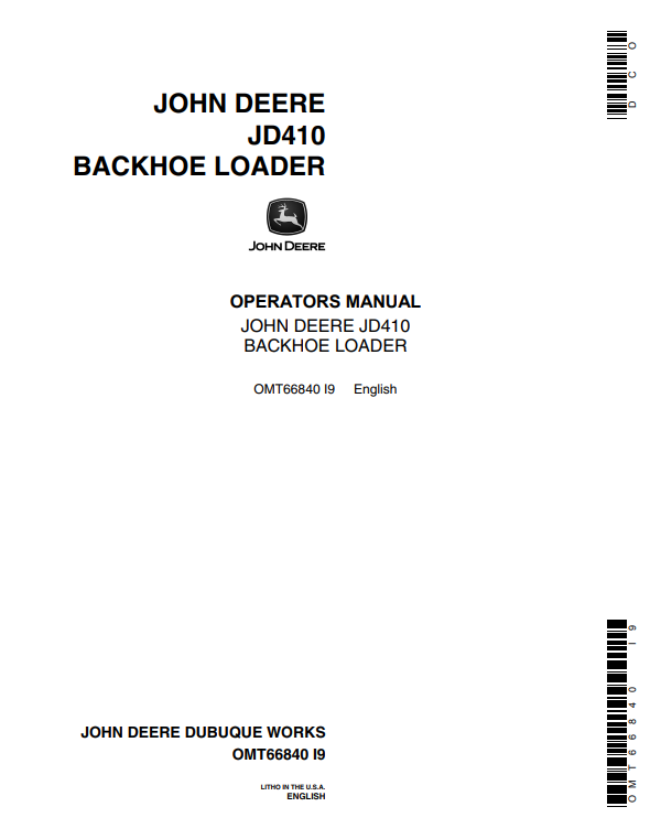 JOHN DEERE JD410 BACKHOE LOADER OPERATOR MANUAL OMT66840