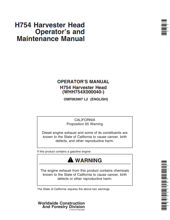 JOHN DEERE H745 HARVESTING HEAD OPERATOR AND MAINTENANCE MANUAL OMF063907