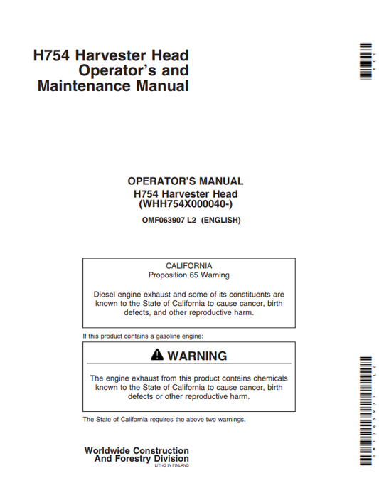 JOHN DEERE H745 HARVESTING HEAD OPERATOR AND MAINTENANCE MANUAL OMF063907