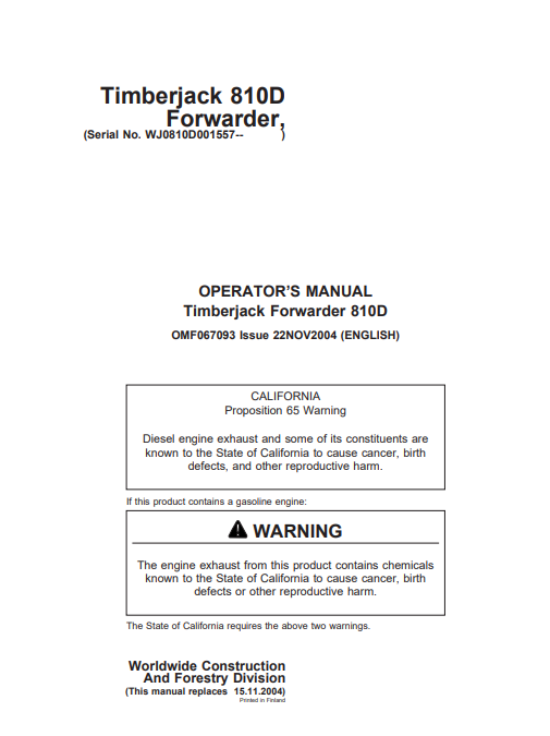JOHN DEERE TIMBERJACK 810D FORWARDER OPERATOR MANUAL OMF067093