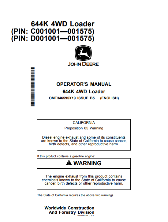 JOHN DEERE 644K 4WD LOADER OPERATOR MANUAL OMT346595X19