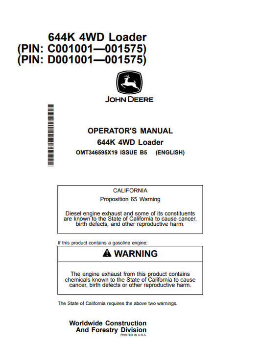 JOHN DEERE 644K 4WD LOADER OPERATOR MANUAL OMT346595X19
