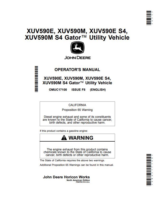 JOHN DEERE XUV590E, XUV590M, XUV590E S4, XUV590M S4 GATOR™ UTILITY VEHICLE OPERATOR MANUAL OMUC17100