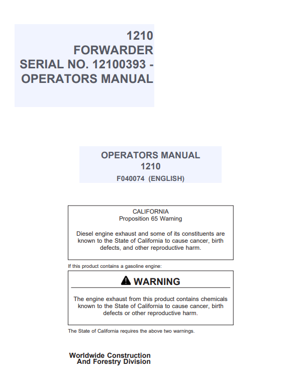 JOHN DEERE 1210 FORWARDER OPERATOR MANUAL F040074